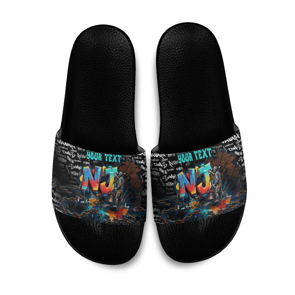 Personalized New Jersey Liberty Bell Graffiti Slide Sandals Urban Street Art - Hand Drawn City Tagging