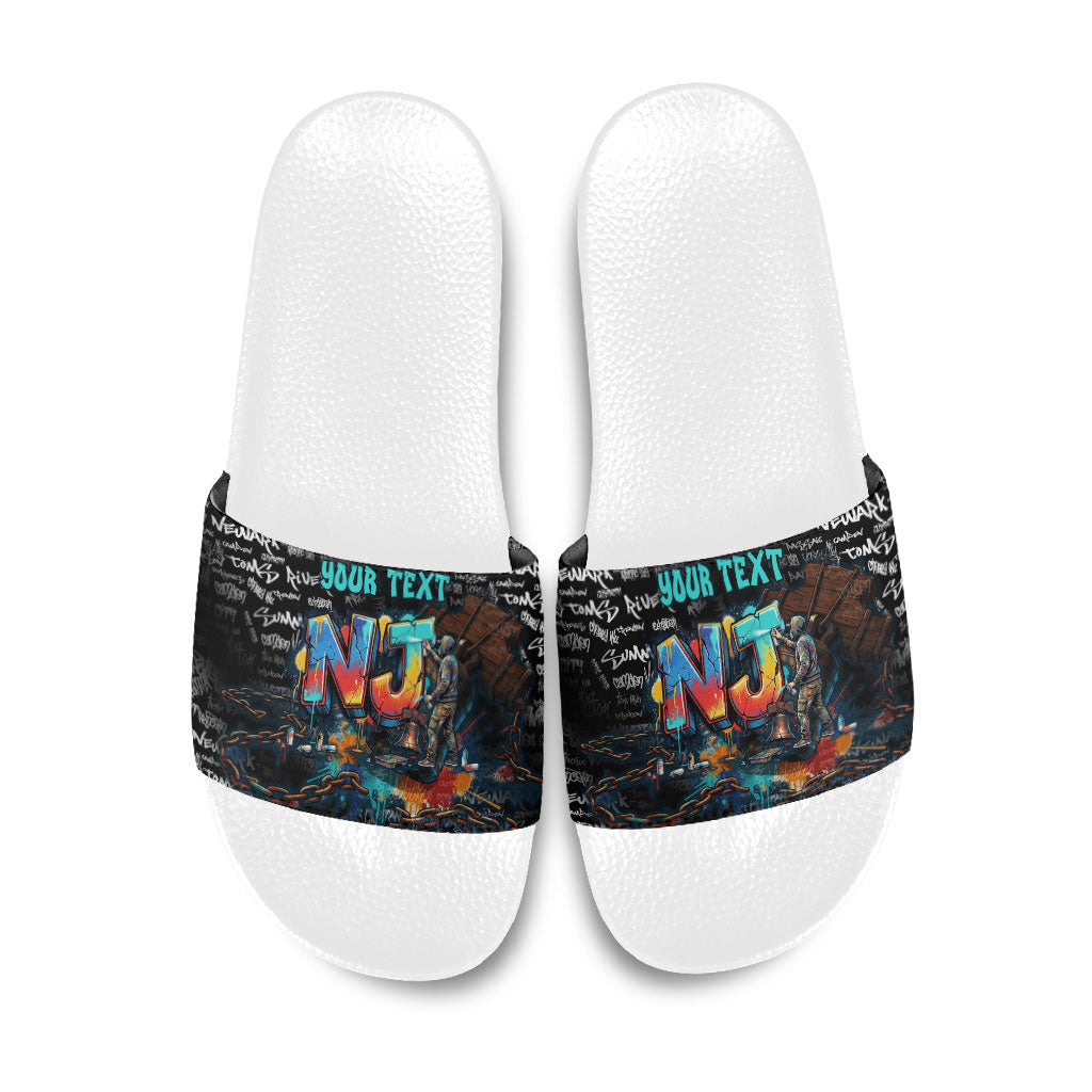 Personalized New Jersey Liberty Bell Graffiti Slide Sandals Urban Street Art - Hand Drawn City Tagging