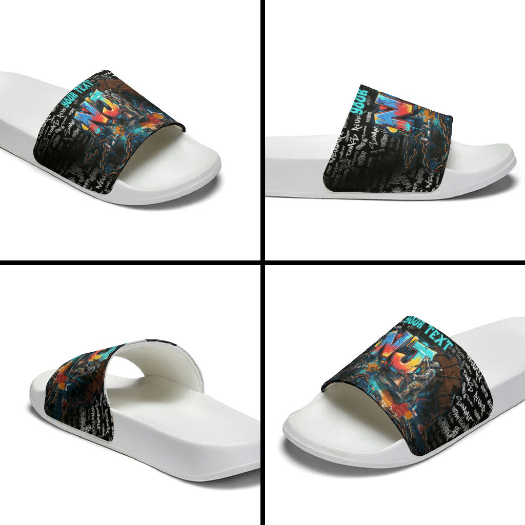 Personalized New Jersey Liberty Bell Graffiti Slide Sandals Urban Street Art - Hand Drawn City Tagging