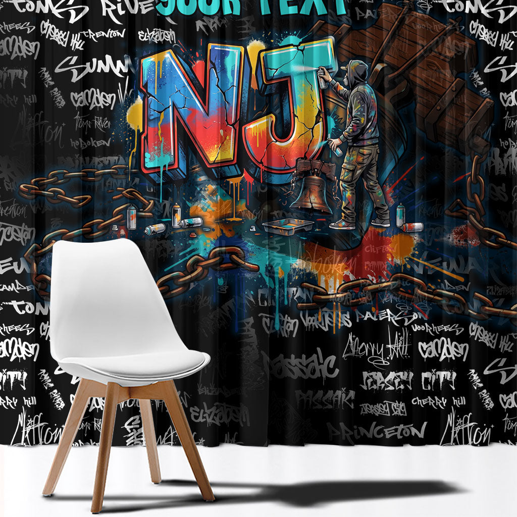 Personalized New Jersey Liberty Bell Graffiti Window Curtain Urban Street Art - Hand Drawn City Tagging