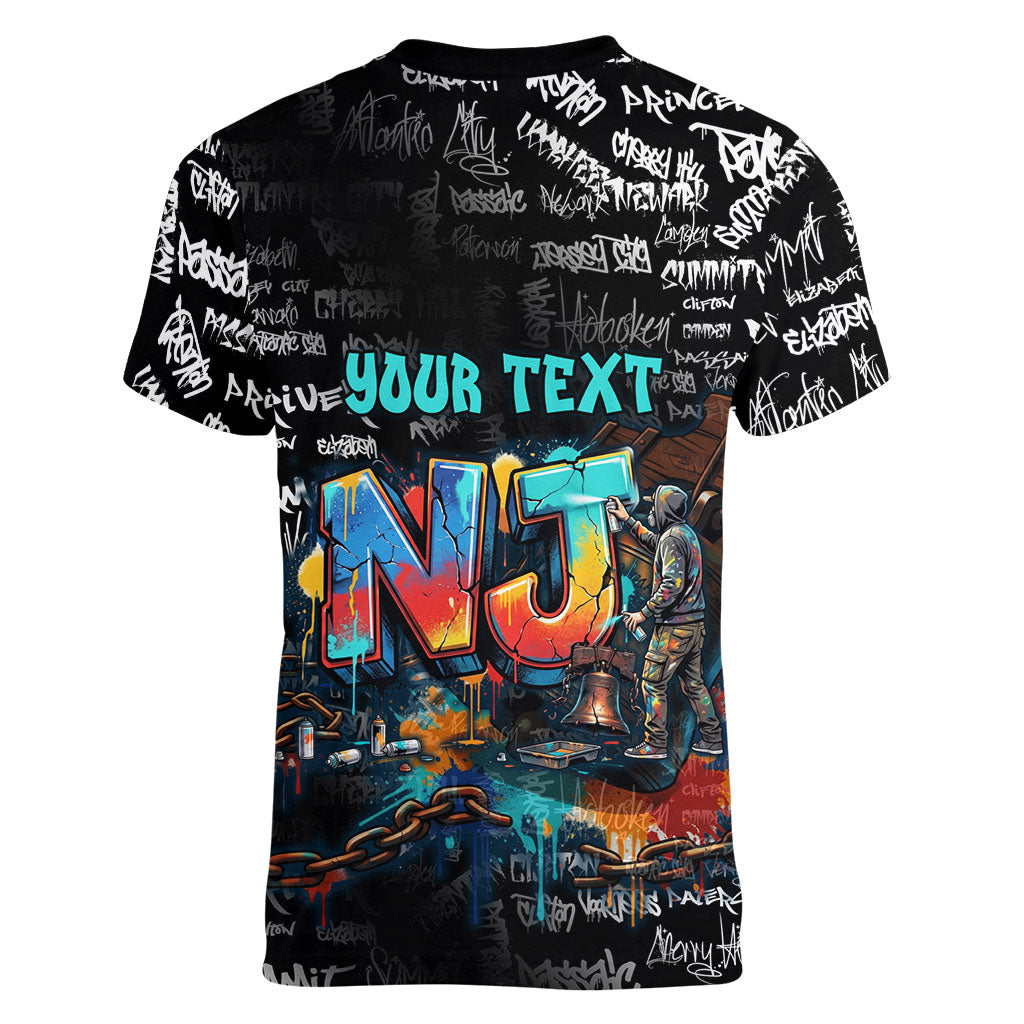 Personalized New Jersey Liberty Bell Graffiti Women V-Neck T-Shirt Urban Street Art - Hand Drawn City Tagging