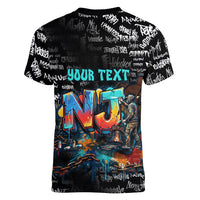 Personalized New Jersey Liberty Bell Graffiti Women V-Neck T-Shirt Urban Street Art - Hand Drawn City Tagging