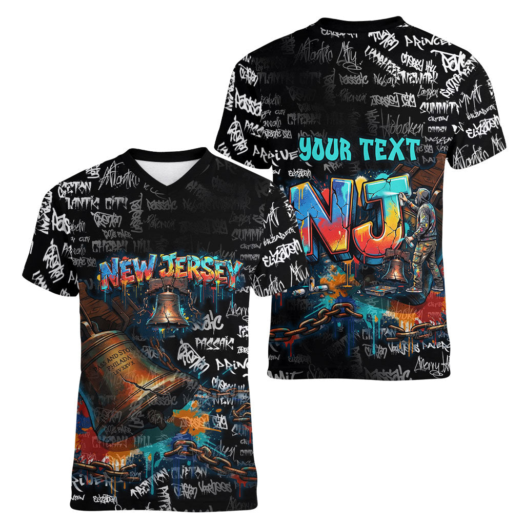 Personalized New Jersey Liberty Bell Graffiti Women V-Neck T-Shirt Urban Street Art - Hand Drawn City Tagging