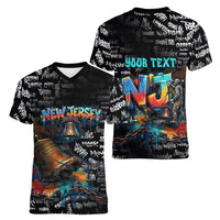 Personalized New Jersey Liberty Bell Graffiti Women V-Neck T-Shirt Urban Street Art - Hand Drawn City Tagging
