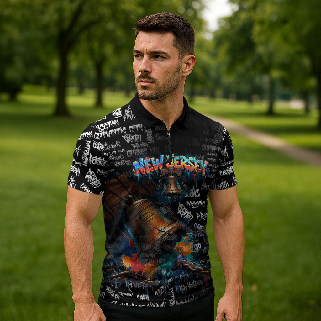 Personalized New Jersey Liberty Bell Graffiti Zipper Polo Shirt Urban Street Art - Hand Drawn City Tagging