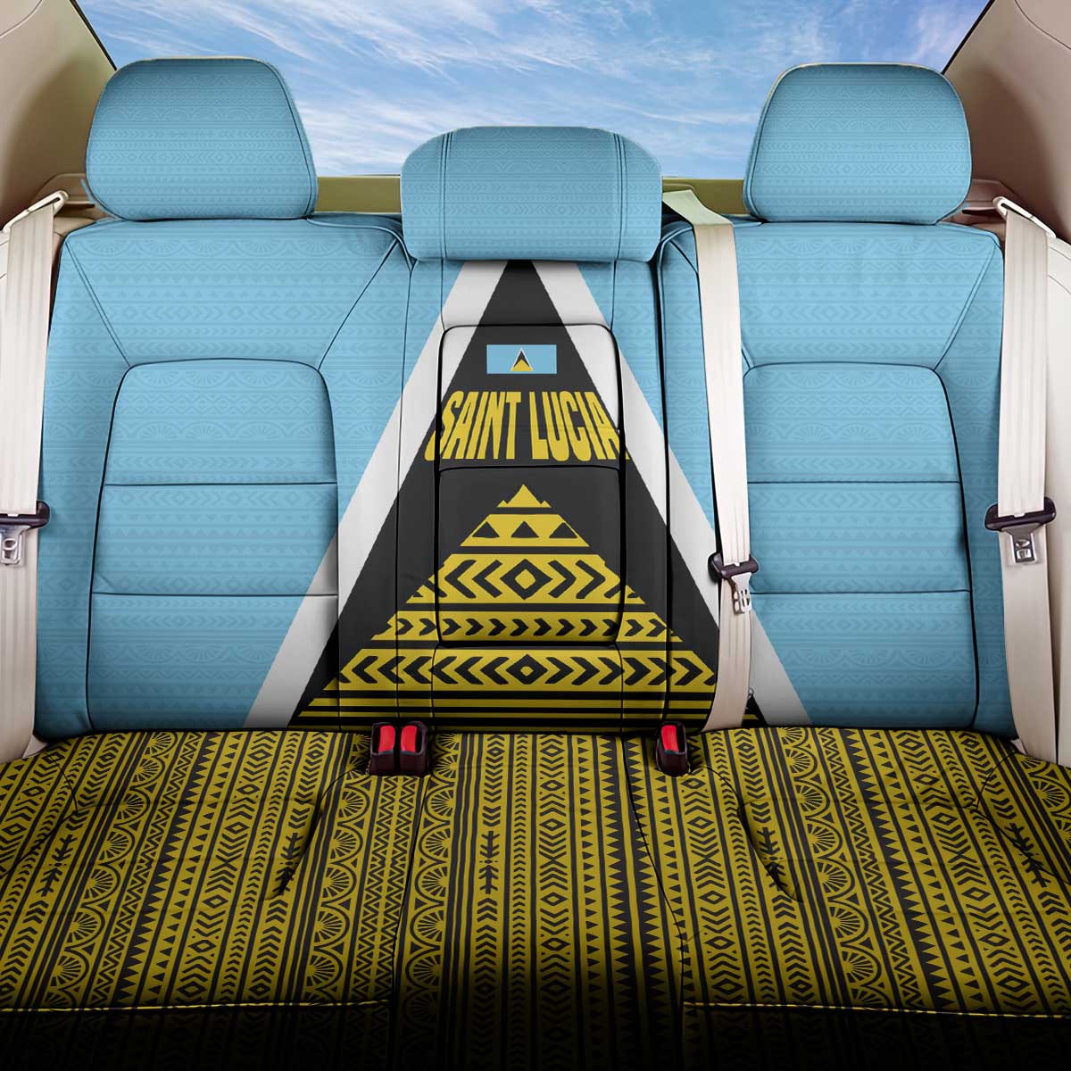 Saint Lucia Tribal Triangle Design Back Car Seat Cover with Flag Colors and The Land The People The Light Quote - Wonder Print Shop