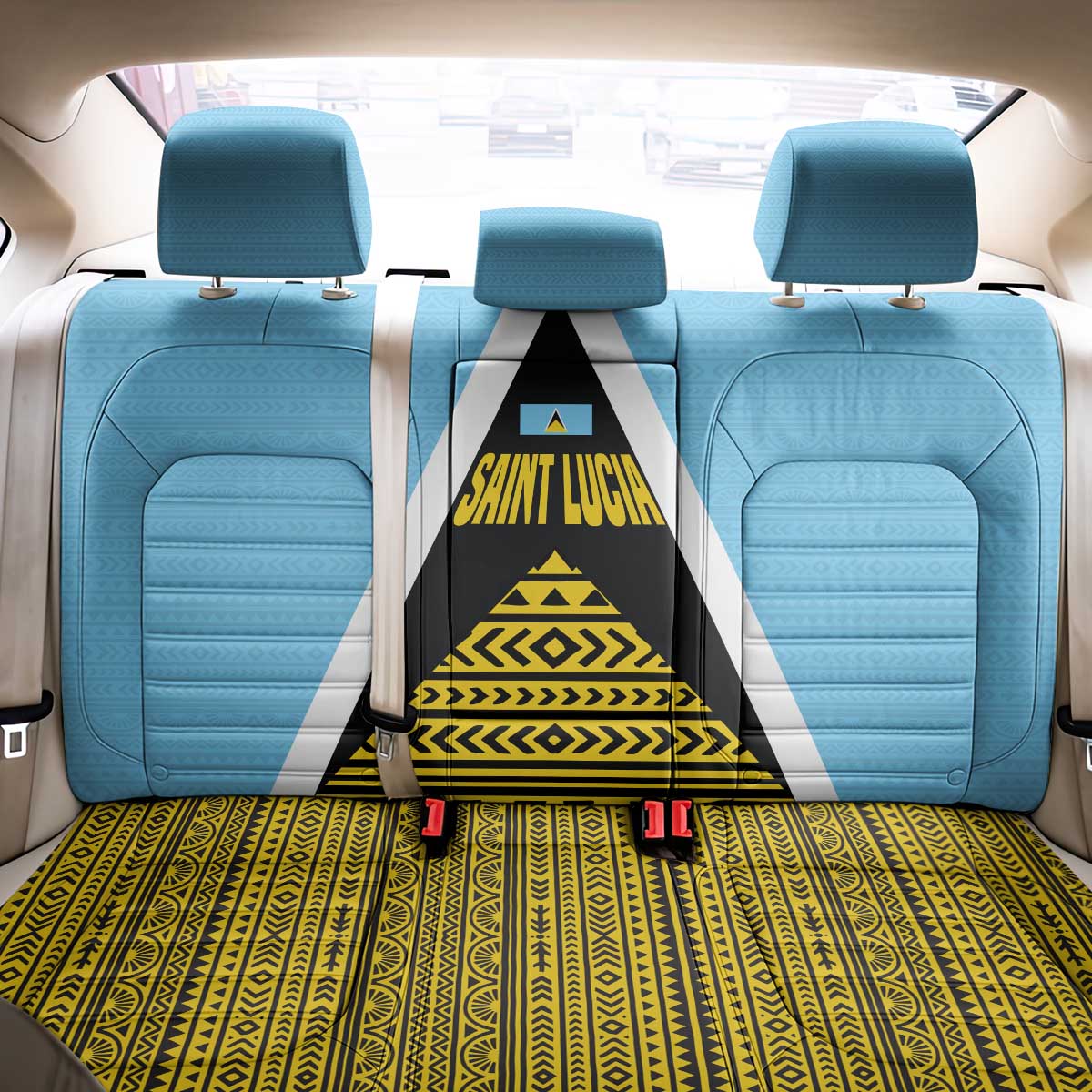 Saint Lucia Tribal Triangle Design Back Car Seat Cover with Flag Colors and The Land The People The Light Quote - Wonder Print Shop