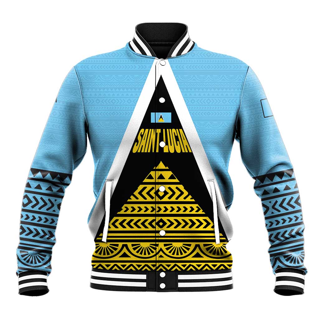 Saint Lucia Tribal Triangle Design Baseball Jacket with Flag Colors and The Land The People The Light Quote - Wonder Print Shop