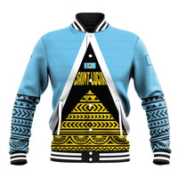Saint Lucia Tribal Triangle Design Baseball Jacket with Flag Colors and The Land The People The Light Quote - Wonder Print Shop