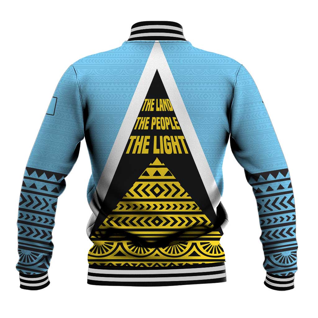 Saint Lucia Tribal Triangle Design Baseball Jacket with Flag Colors and The Land The People The Light Quote - Wonder Print Shop