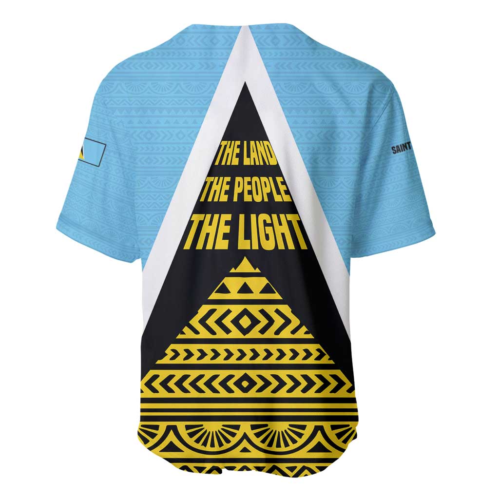Saint Lucia Tribal Triangle Design Baseball Jersey with Flag Colors and The Land The People The Light Quote - Wonder Print Shop