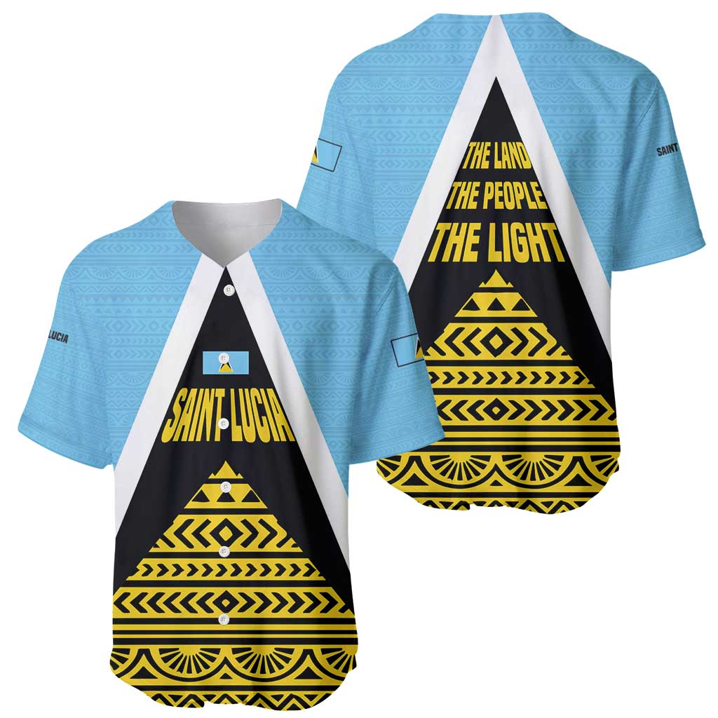 Saint Lucia Tribal Triangle Design Baseball Jersey with Flag Colors and The Land The People The Light Quote - Wonder Print Shop