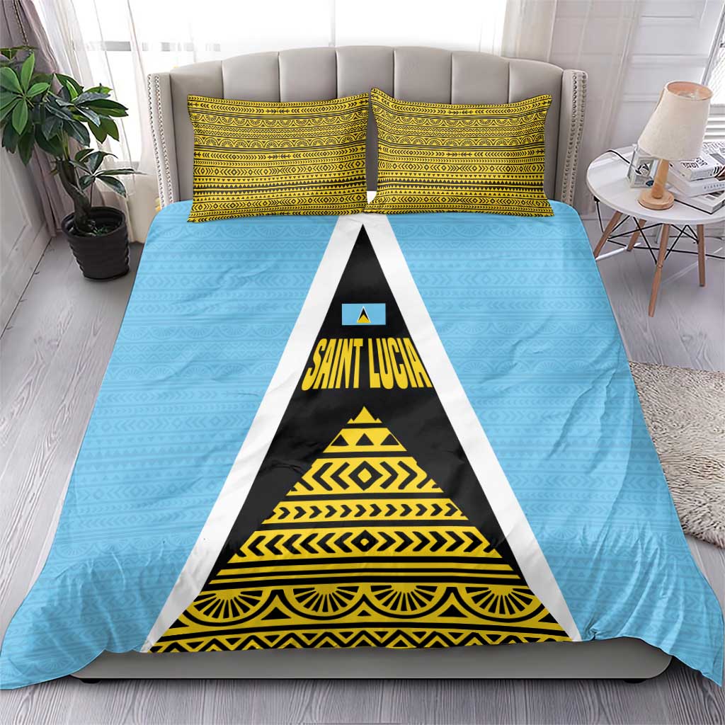 Saint Lucia Tribal Triangle Design Bedding Set with Flag Colors and The Land The People The Light Quote - Wonder Print Shop