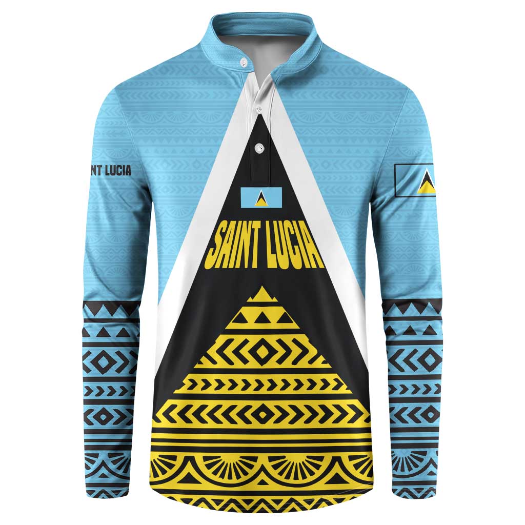 Saint Lucia Tribal Triangle Design Button Sweatshirt with Flag Colors and The Land The People The Light Quote - Wonder Print Shop