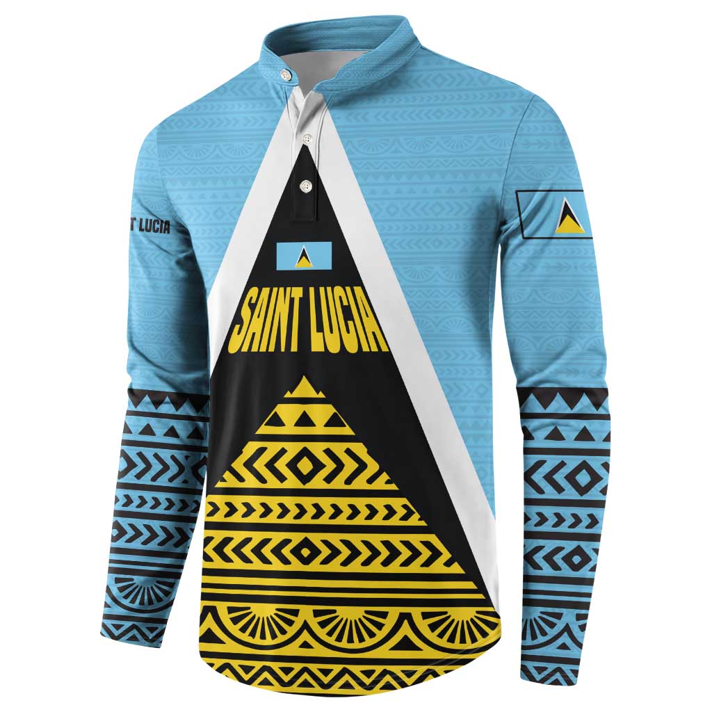 Saint Lucia Tribal Triangle Design Button Sweatshirt with Flag Colors and The Land The People The Light Quote - Wonder Print Shop