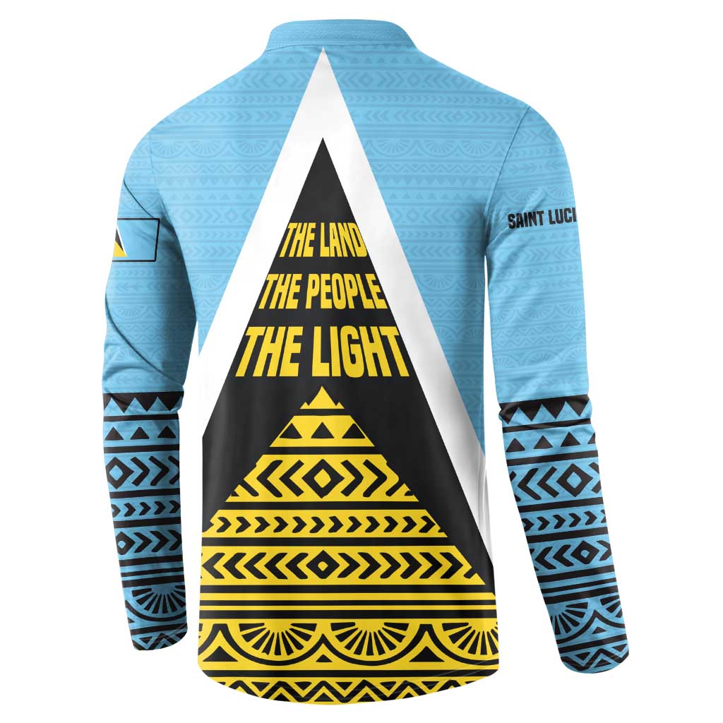 Saint Lucia Tribal Triangle Design Button Sweatshirt with Flag Colors and The Land The People The Light Quote - Wonder Print Shop