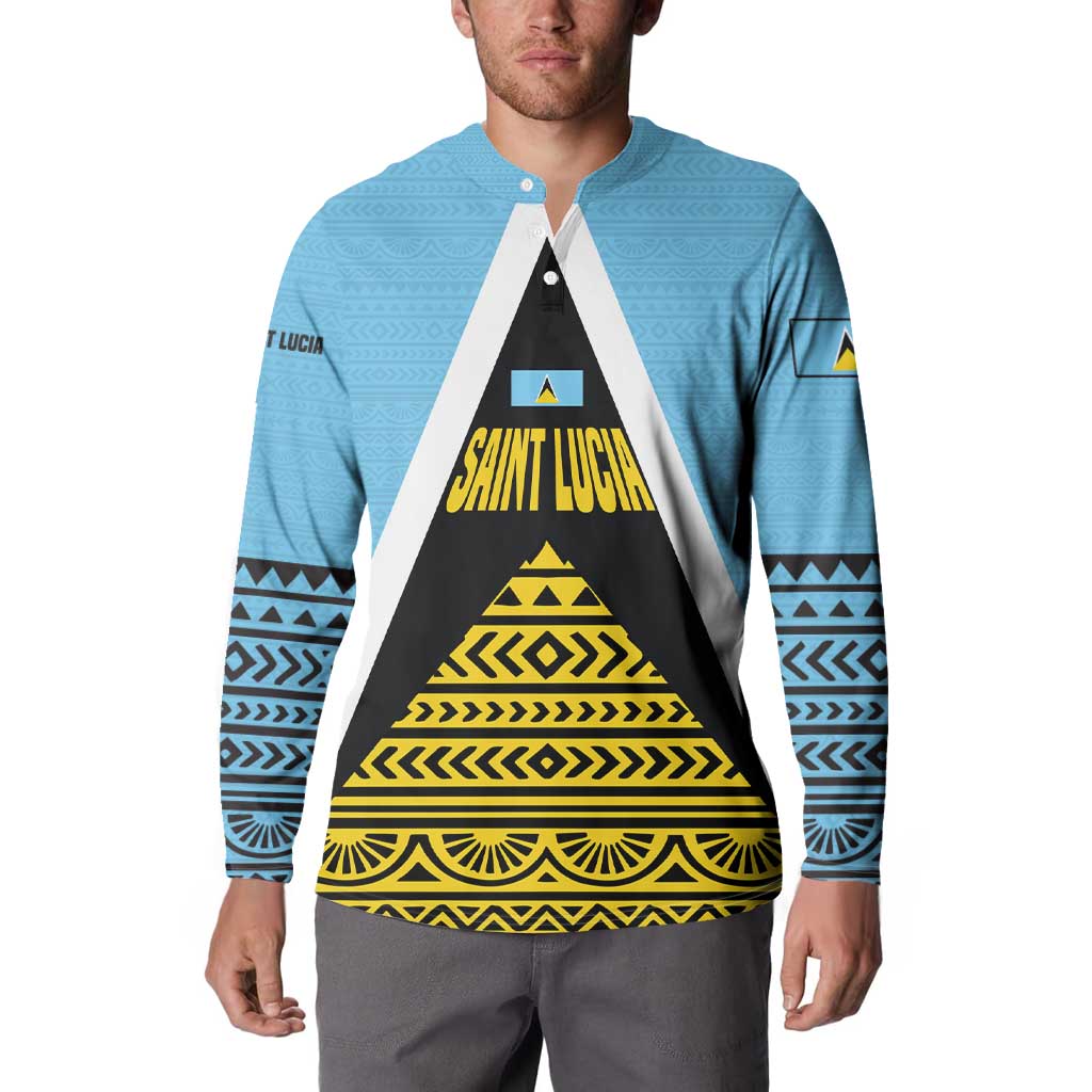 Saint Lucia Tribal Triangle Design Button Sweatshirt with Flag Colors and The Land The People The Light Quote - Wonder Print Shop