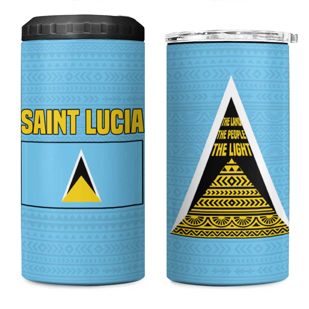 Saint Lucia Tribal Triangle Design 4 in 1 Can Cooler Tumbler with Flag Colors and The Land The People The Light Quote - Wonder Print Shop