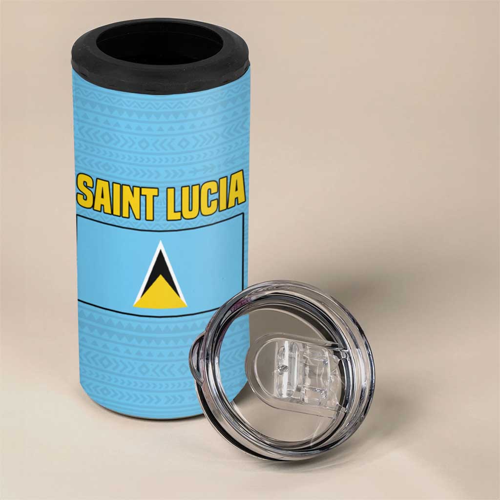 Saint Lucia Tribal Triangle Design 4 in 1 Can Cooler Tumbler with Flag Colors and The Land The People The Light Quote - Wonder Print Shop