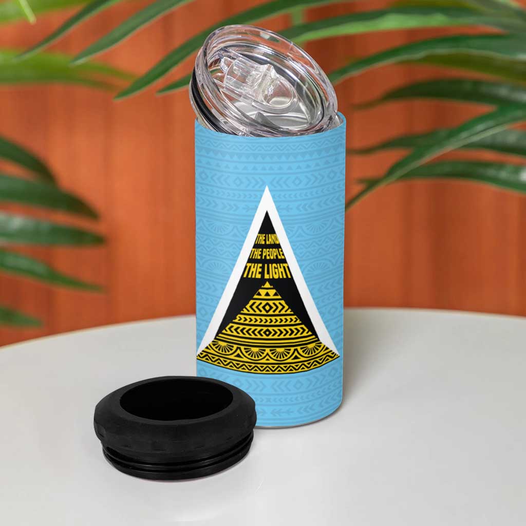Saint Lucia Tribal Triangle Design 4 in 1 Can Cooler Tumbler with Flag Colors and The Land The People The Light Quote - Wonder Print Shop