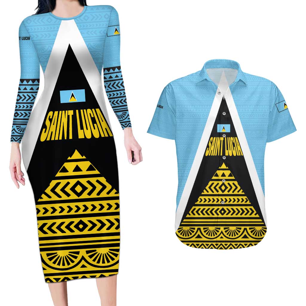 Saint Lucia Tribal Triangle Design Couples Matching Long Sleeve Bodycon Dress and Hawaiian Shirt with Flag Colors and The Land The People The Light Quote - Wonder Print Shop