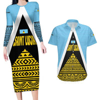 Saint Lucia Tribal Triangle Design Couples Matching Long Sleeve Bodycon Dress and Hawaiian Shirt with Flag Colors and The Land The People The Light Quote - Wonder Print Shop