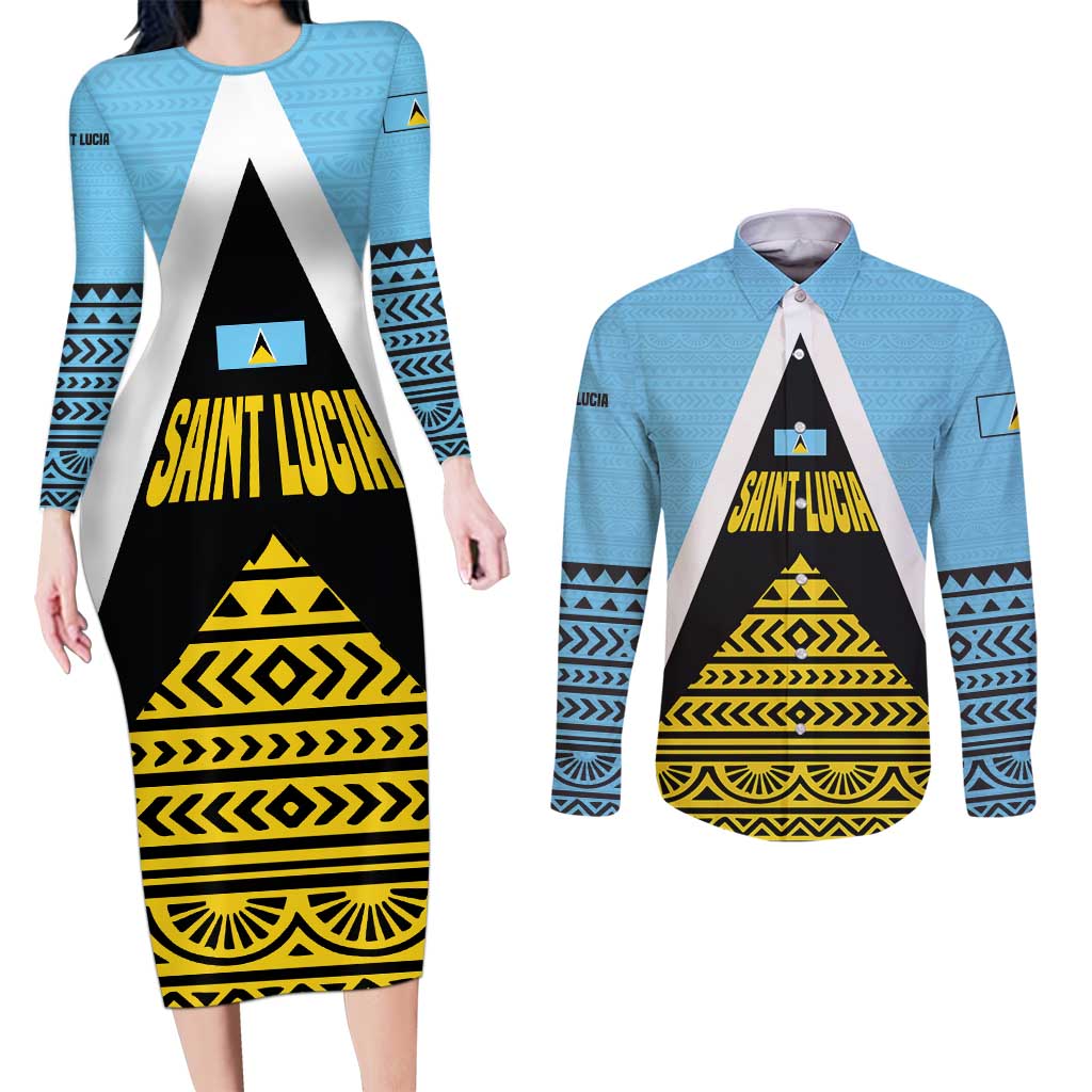 Saint Lucia Tribal Triangle Design Couples Matching Long Sleeve Bodycon Dress and Long Sleeve Button Shirt with Flag Colors and The Land The People The Light Quote - Wonder Print Shop