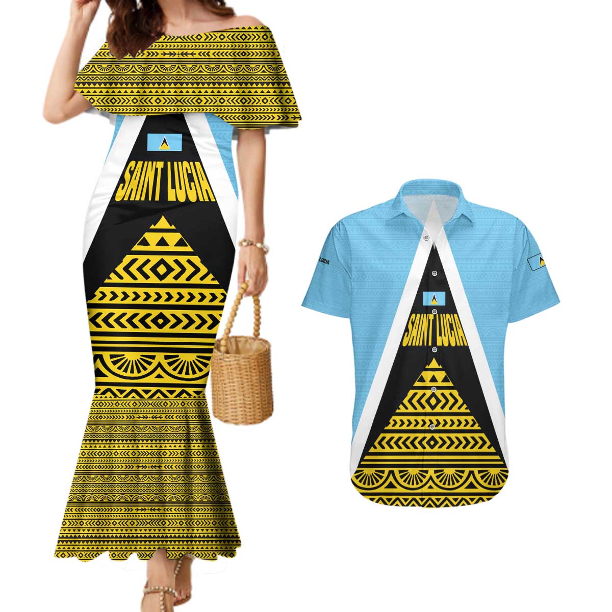 Saint Lucia Tribal Triangle Design Couples Matching Mermaid Dress and Hawaiian Shirt with Flag Colors and The Land The People The Light Quote - Wonder Print Shop