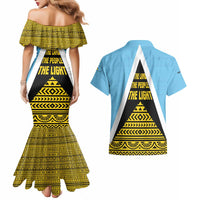 Saint Lucia Tribal Triangle Design Couples Matching Mermaid Dress and Hawaiian Shirt with Flag Colors and The Land The People The Light Quote - Wonder Print Shop