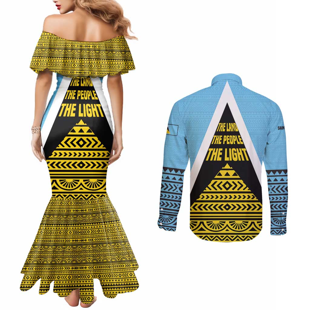 Saint Lucia Tribal Triangle Design Couples Matching Mermaid Dress and Long Sleeve Button Shirt with Flag Colors and The Land The People The Light Quote - Wonder Print Shop
