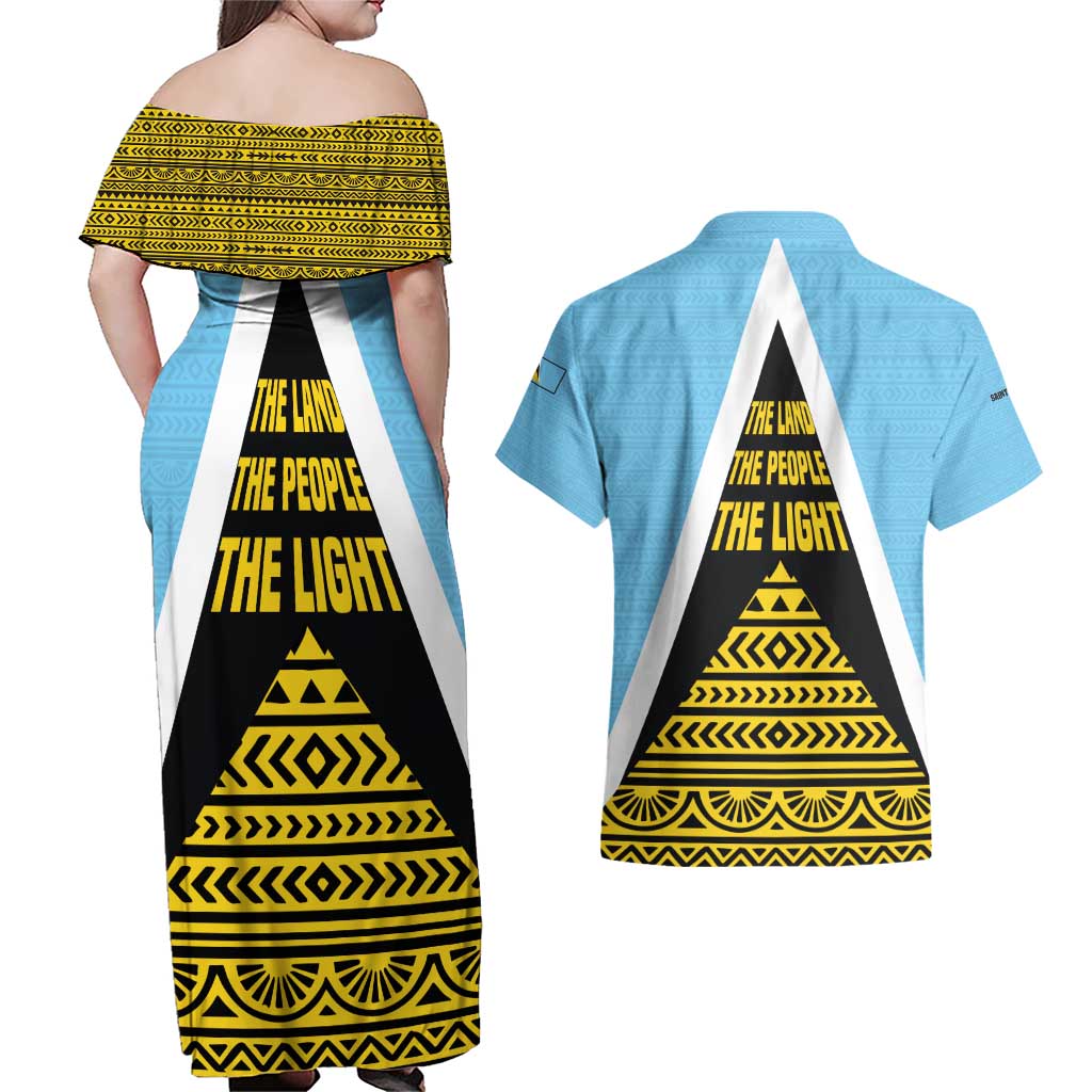 Saint Lucia Tribal Triangle Design Couples Matching Off Shoulder Maxi Dress and Hawaiian Shirt with Flag Colors and The Land The People The Light Quote - Wonder Print Shop
