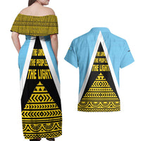 Saint Lucia Tribal Triangle Design Couples Matching Off Shoulder Maxi Dress and Hawaiian Shirt with Flag Colors and The Land The People The Light Quote - Wonder Print Shop