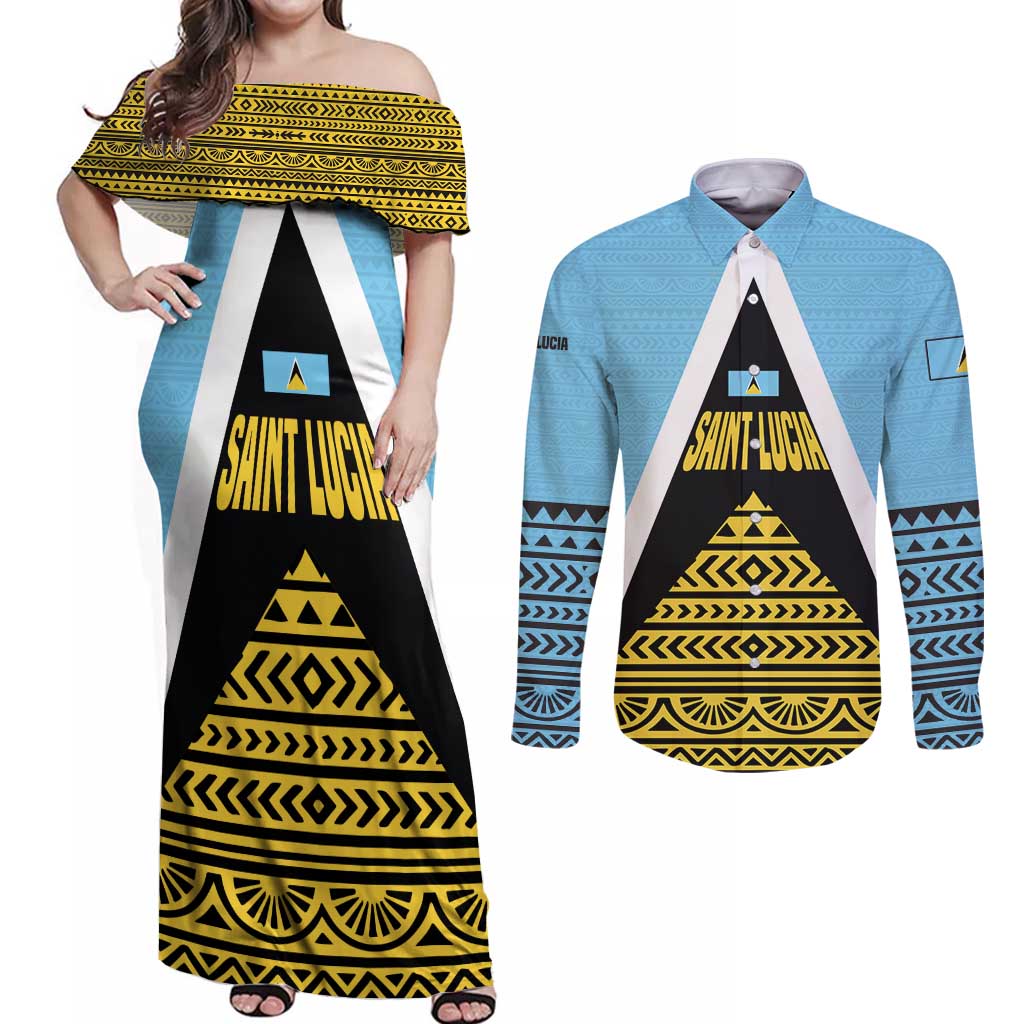 Saint Lucia Tribal Triangle Design Couples Matching Off Shoulder Maxi Dress and Long Sleeve Button Shirt with Flag Colors and The Land The People The Light Quote - Wonder Print Shop