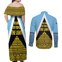 Saint Lucia Tribal Triangle Design Couples Matching Off Shoulder Maxi Dress and Long Sleeve Button Shirt with Flag Colors and The Land The People The Light Quote - Wonder Print Shop