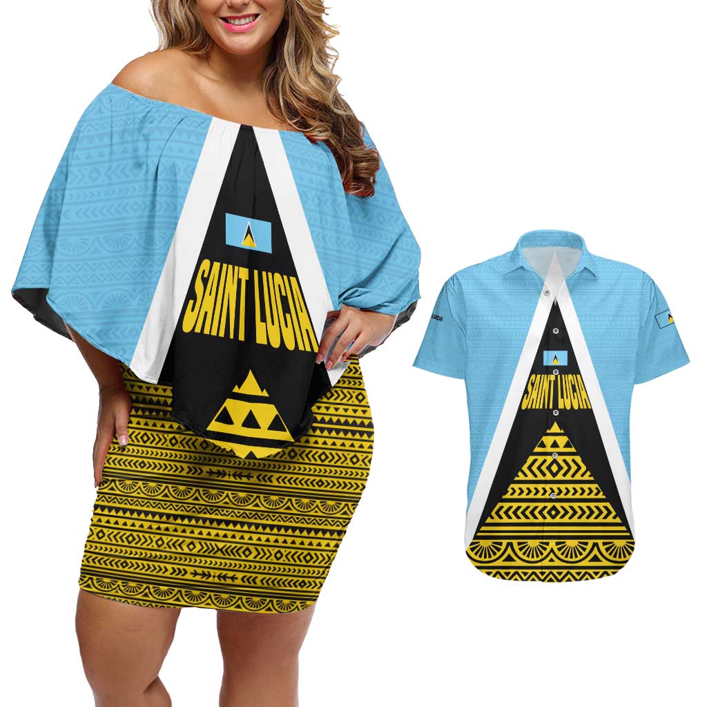 Saint Lucia Tribal Triangle Design Couples Matching Off Shoulder Short Dress and Hawaiian Shirt with Flag Colors and The Land The People The Light Quote - Wonder Print Shop
