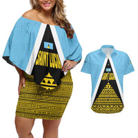 Saint Lucia Tribal Triangle Design Couples Matching Off Shoulder Short Dress and Hawaiian Shirt with Flag Colors and The Land The People The Light Quote - Wonder Print Shop