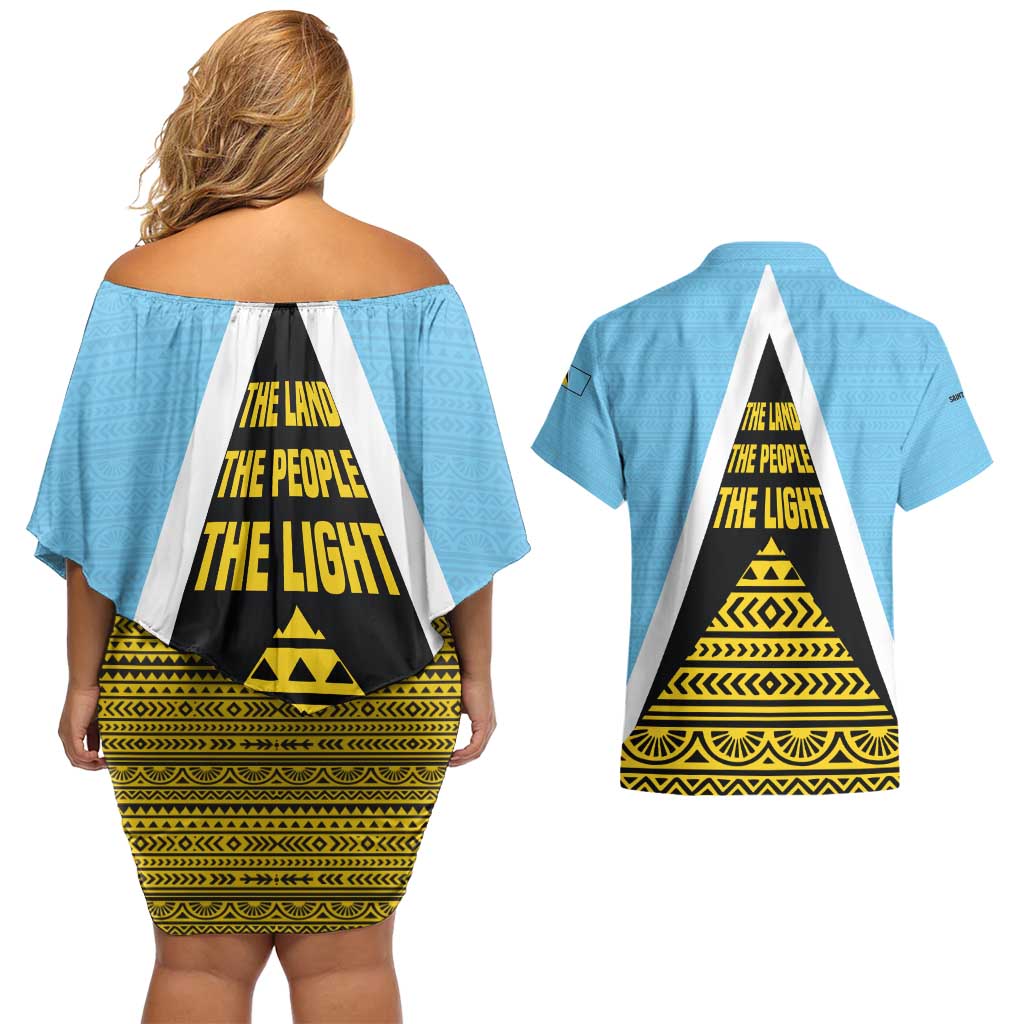 Saint Lucia Tribal Triangle Design Couples Matching Off Shoulder Short Dress and Hawaiian Shirt with Flag Colors and The Land The People The Light Quote - Wonder Print Shop