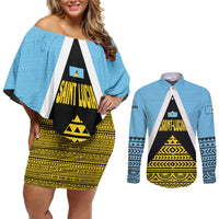 Saint Lucia Tribal Triangle Design Couples Matching Off Shoulder Short Dress and Long Sleeve Button Shirt with Flag Colors and The Land The People The Light Quote - Wonder Print Shop