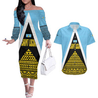Saint Lucia Tribal Triangle Design Couples Matching Off The Shoulder Long Sleeve Dress and Hawaiian Shirt with Flag Colors and The Land The People The Light Quote - Wonder Print Shop