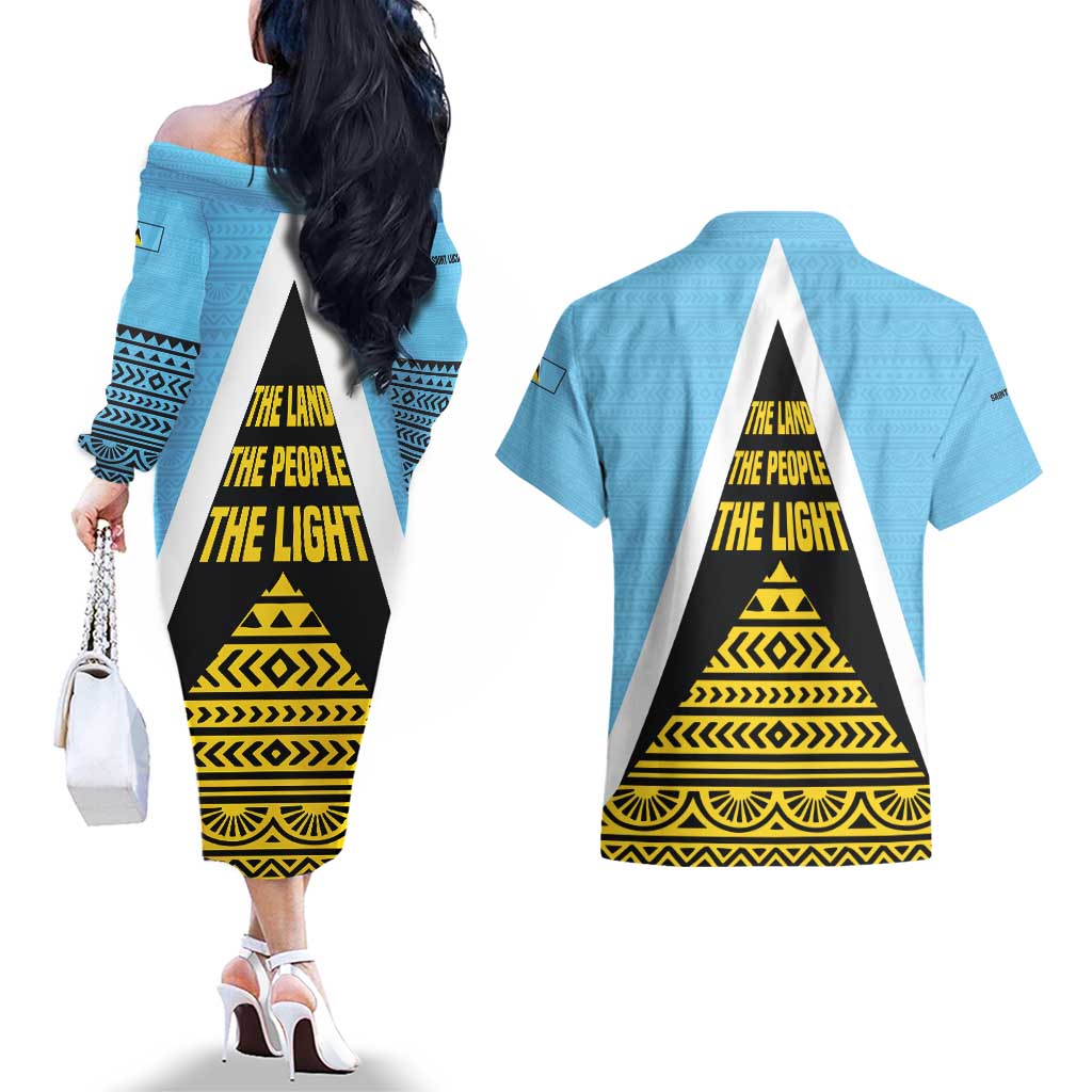Saint Lucia Tribal Triangle Design Couples Matching Off The Shoulder Long Sleeve Dress and Hawaiian Shirt with Flag Colors and The Land The People The Light Quote - Wonder Print Shop