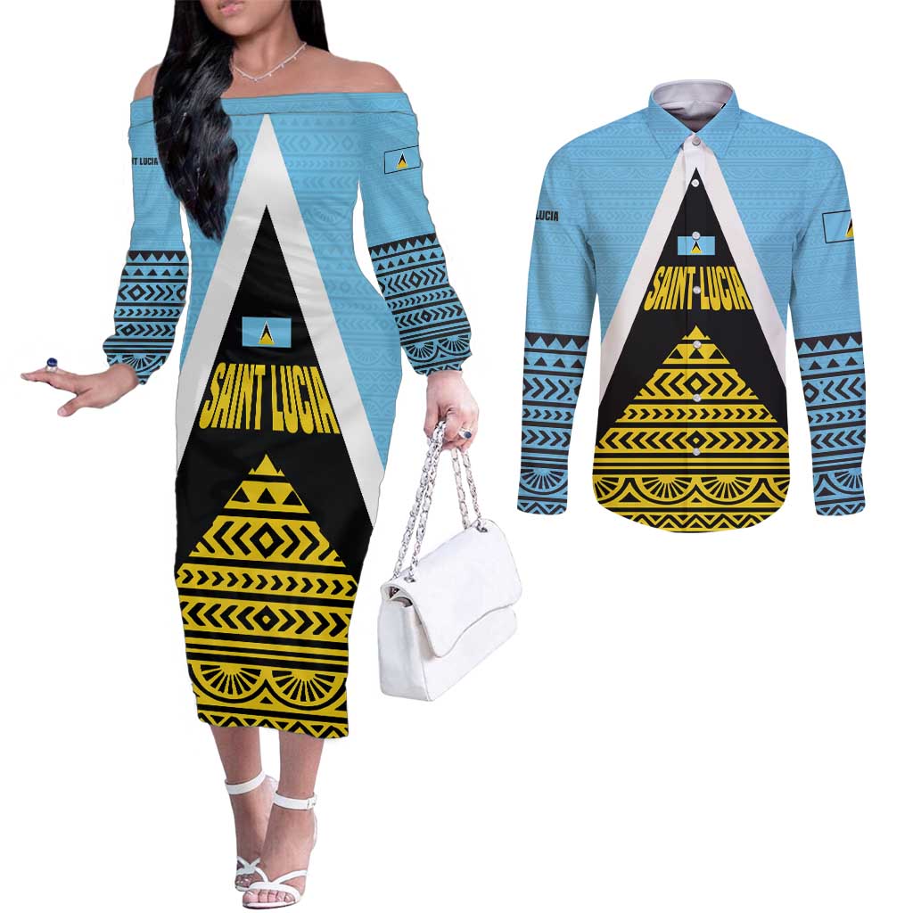 Saint Lucia Tribal Triangle Design Couples Matching Off The Shoulder Long Sleeve Dress and Long Sleeve Button Shirt with Flag Colors and The Land The People The Light Quote - Wonder Print Shop