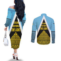 Saint Lucia Tribal Triangle Design Couples Matching Off The Shoulder Long Sleeve Dress and Long Sleeve Button Shirt with Flag Colors and The Land The People The Light Quote - Wonder Print Shop