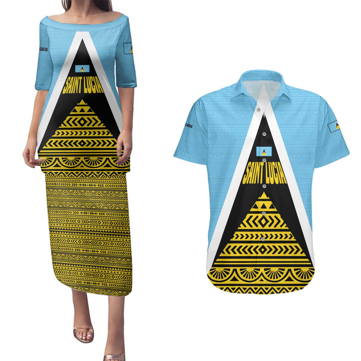 Saint Lucia Tribal Triangle Design Couples Matching Puletasi and Hawaiian Shirt with Flag Colors and The Land The People The Light Quote - Wonder Print Shop