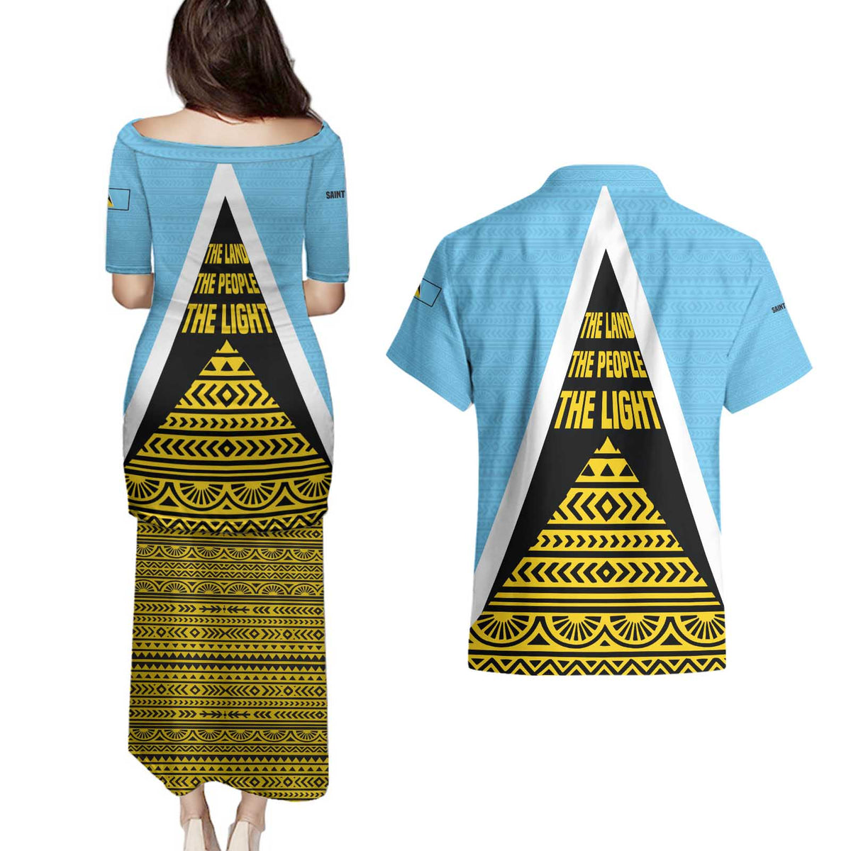 Saint Lucia Tribal Triangle Design Couples Matching Puletasi and Hawaiian Shirt with Flag Colors and The Land The People The Light Quote - Wonder Print Shop