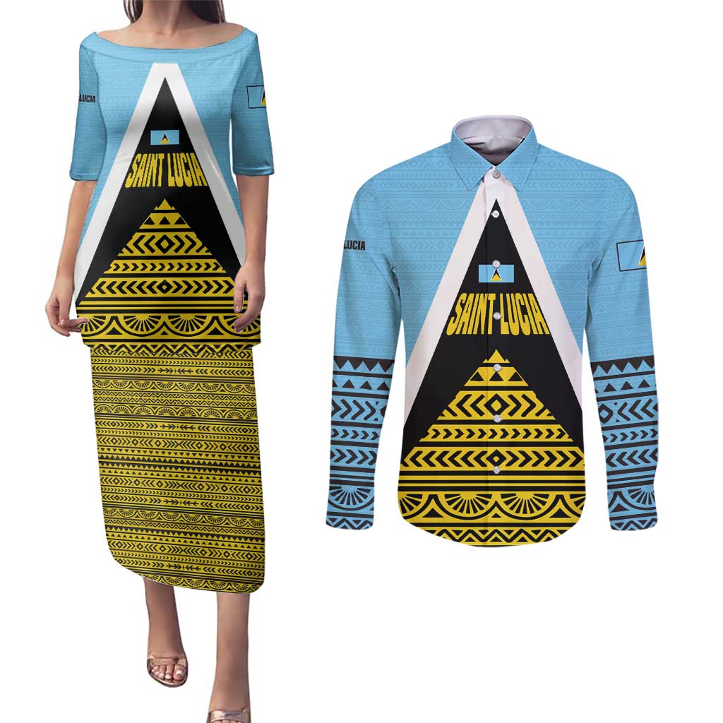 Saint Lucia Tribal Triangle Design Couples Matching Puletasi and Long Sleeve Button Shirt with Flag Colors and The Land The People The Light Quote - Wonder Print Shop