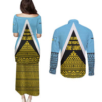 Saint Lucia Tribal Triangle Design Couples Matching Puletasi and Long Sleeve Button Shirt with Flag Colors and The Land The People The Light Quote - Wonder Print Shop