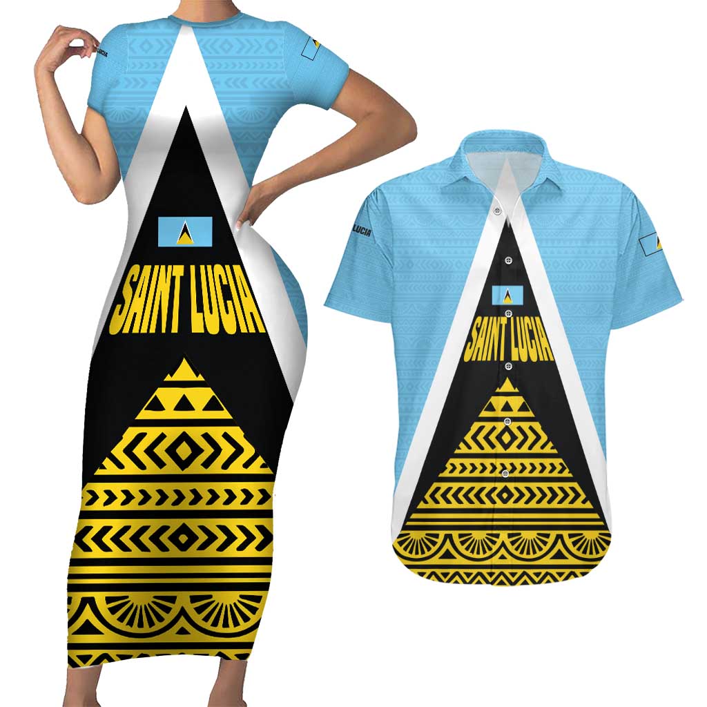Saint Lucia Tribal Triangle Design Couples Matching Short Sleeve Bodycon Dress and Hawaiian Shirt with Flag Colors and The Land The People The Light Quote - Wonder Print Shop