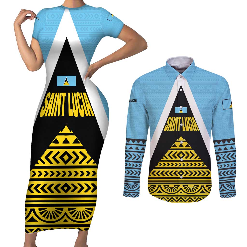 Saint Lucia Tribal Triangle Design Couples Matching Short Sleeve Bodycon Dress and Long Sleeve Button Shirt with Flag Colors and The Land The People The Light Quote - Wonder Print Shop