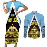Saint Lucia Tribal Triangle Design Couples Matching Short Sleeve Bodycon Dress and Long Sleeve Button Shirt with Flag Colors and The Land The People The Light Quote - Wonder Print Shop