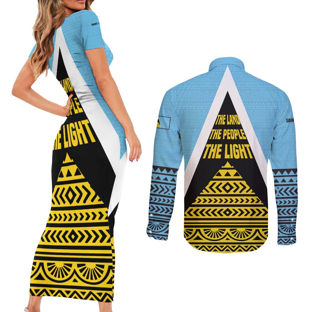 Saint Lucia Tribal Triangle Design Couples Matching Short Sleeve Bodycon Dress and Long Sleeve Button Shirt with Flag Colors and The Land The People The Light Quote - Wonder Print Shop